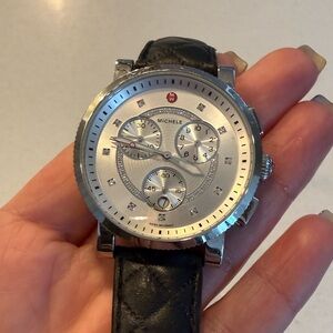 Michele Silver Sport Sail Watch with Diamonds and Black Leather Strap